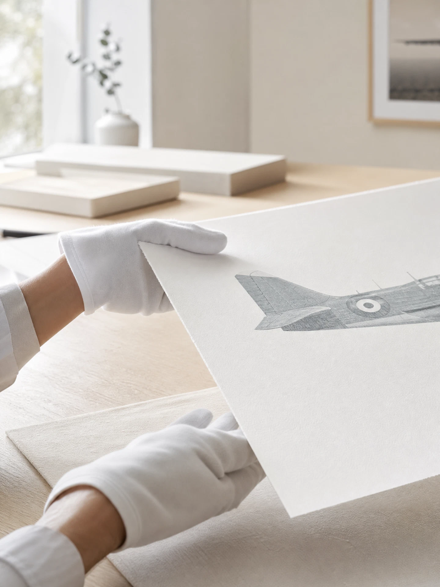Careful handling of an archival aviation print